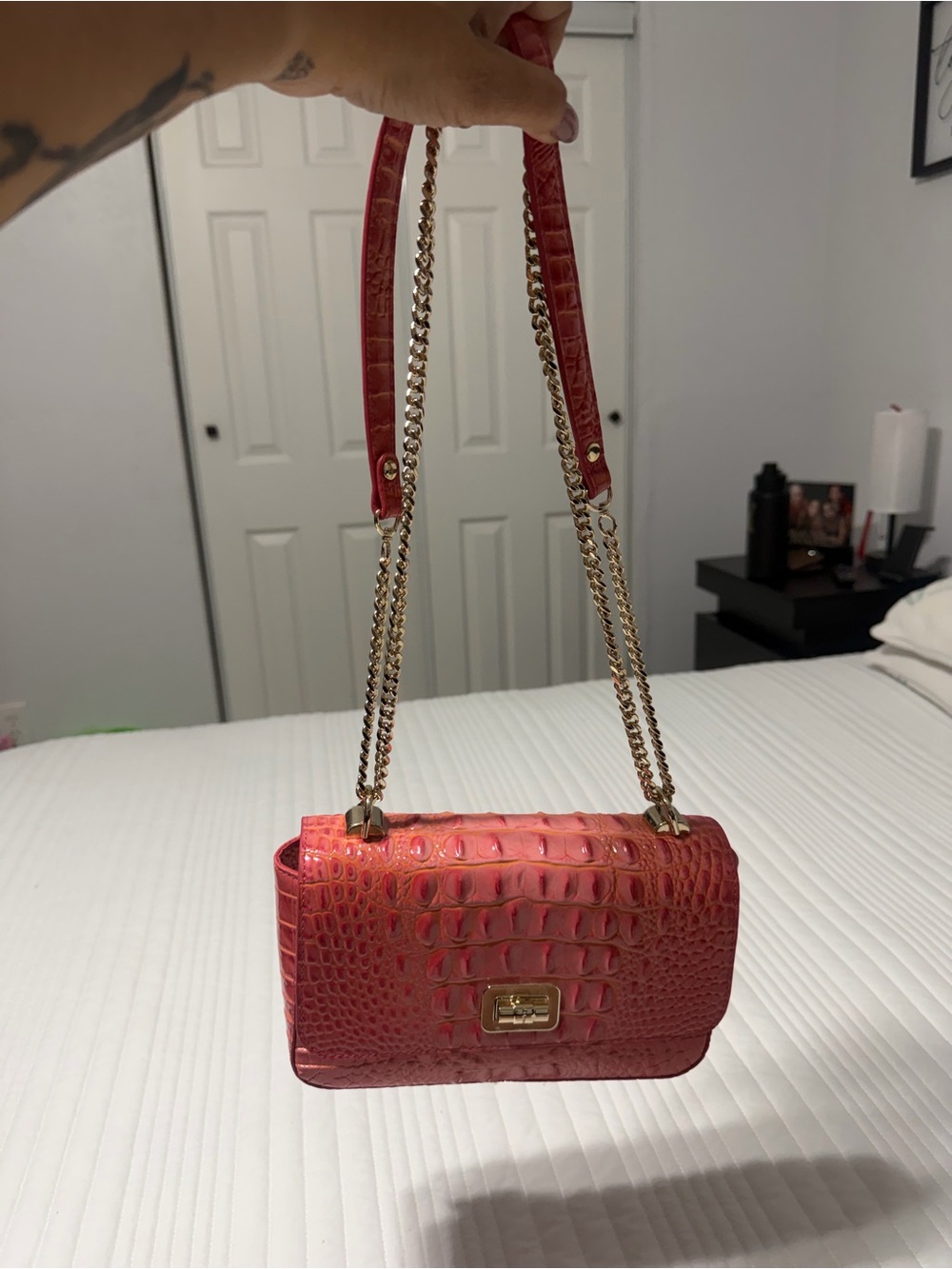 Brahmin Red Croc-Embossed Shoulder Bag with Gold Chain